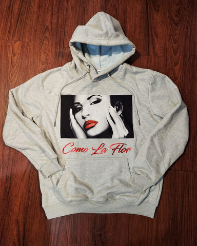 "COMO LA FLOR" RED METALLIC LETTERS/GREY WOMEN'S HOODIE