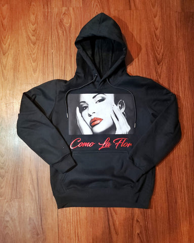 "COMO LA FLOR" RED METALLIC LETTERS/ BLACK WOMEN'S HOODIE