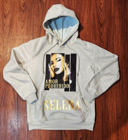 "AMOR PROHIBIDO" GOLD METALLIC LETTERS/ GREY WOMEN'S HOODIE